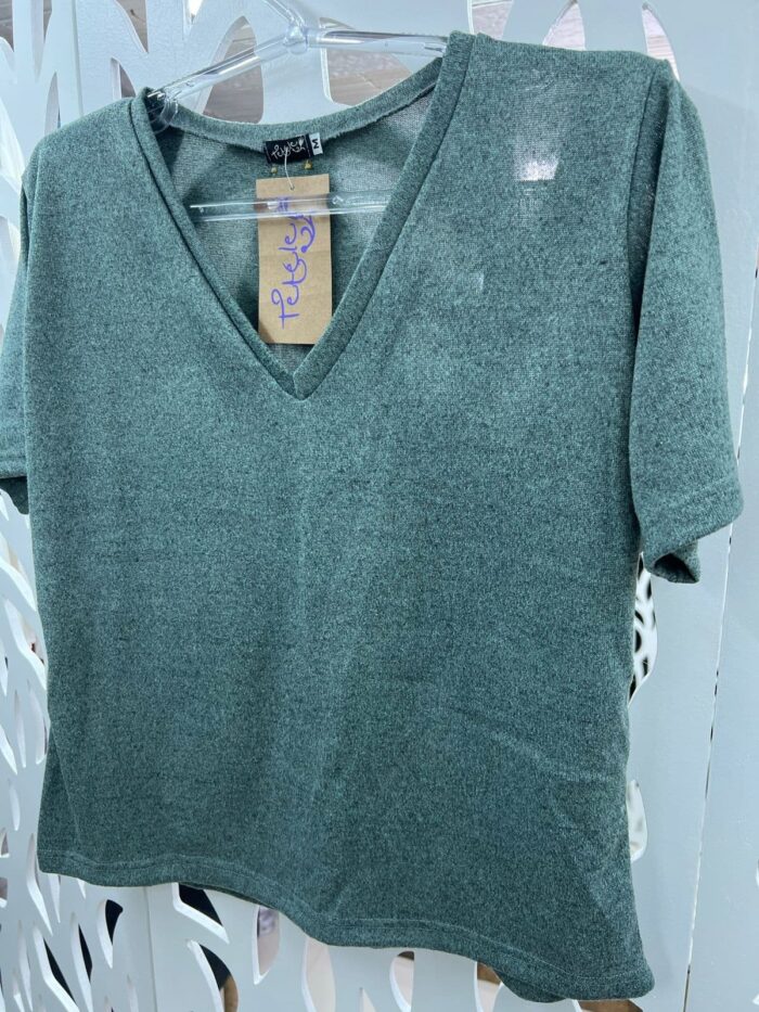 Blusa Malha Tricot Decote V - Verde Mescla - Imagem 4
