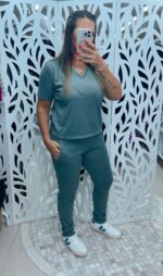 Blusa Malha Tricot Decote V - Verde Mescla