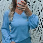 Blusa decote V  Manga Longa - Azul Claro