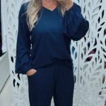 Blusa decote V  Manga Longa - Azul Marinho
