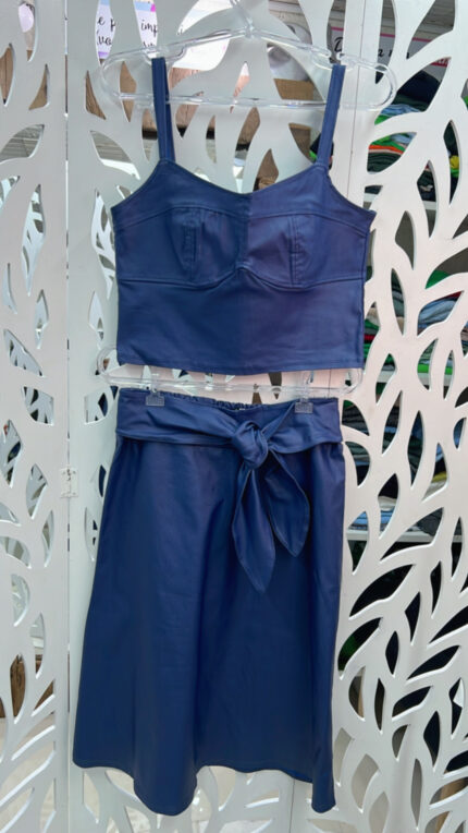 Saia Evasê Resinada com Faixa Midi C/ Laço- Azul Jeans