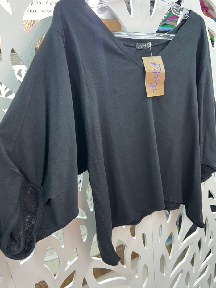 Blusa Manga Com Pregas Decote V - Preta - Imagem 2
