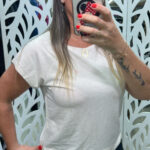 BLUSA DECOTE REDONDO MANGA RAGLAN COM ABERTURA BAINHA-  MOLETINHO LINHO