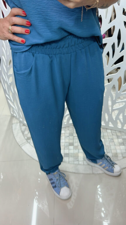 Calça pijama com detalhe em elástico no punho - AZUL JEANS