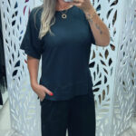 CALÇA RETA DE MOLETINHO CÓS COM ELÁSTICO E BOLSOS - PRETO